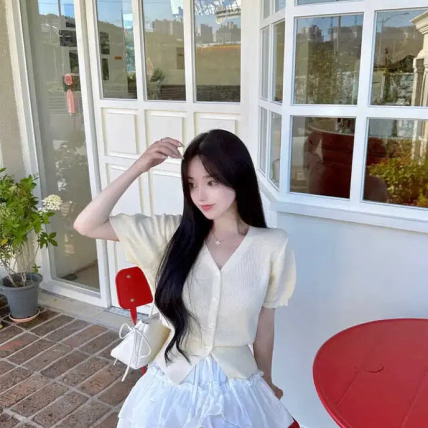 [BUNJANG] Mayyun Vanilla Cream Short Sleeve Cardigan / 메이윤 촉감대박 반팔 가디건 바닐라크림 새상품