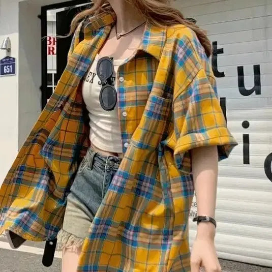 [BUNJANG] Yellow Check Oversized Shirt XXL New / 옐로우 체크 남방 셔츠 오버핏 110 XXL 새상품