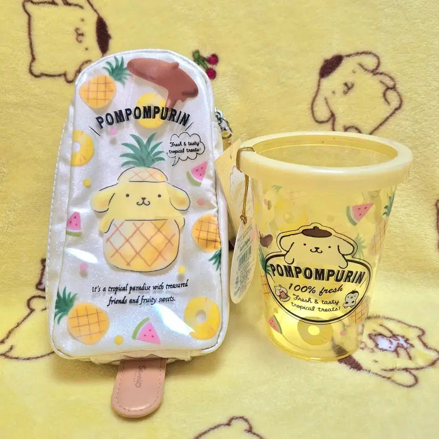 [BUNJANG] Sanrio Pompompurin Pineapple Pencil Case &amp; Holder Set / 2018 산리오 폼폼푸린 파인애플 필통 파우치 펜꽂이 펜케이스 연필꽂이