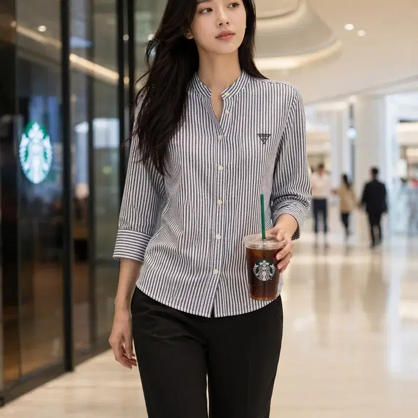 [BUNJANG] GUESS Striped Henley Neck Shirt / [여자-95]GUESS 게스 스트라이프 헨리넥 셔츠