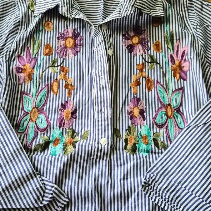 [BUNJANG] Ryan Michele Stripe Floral Embroidery Shirt Dress / Ryan Michele 스트라이프 꽃자수 셔츠 원피스