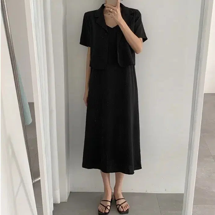 [SOLD OUT] 새상품 블랙 슬립 롱 원피스 자켓 셋
