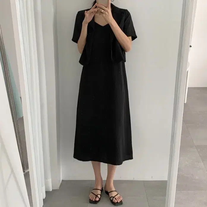[SOLD OUT] 새상품 블랙 슬립 롱 원피스 자켓 셋