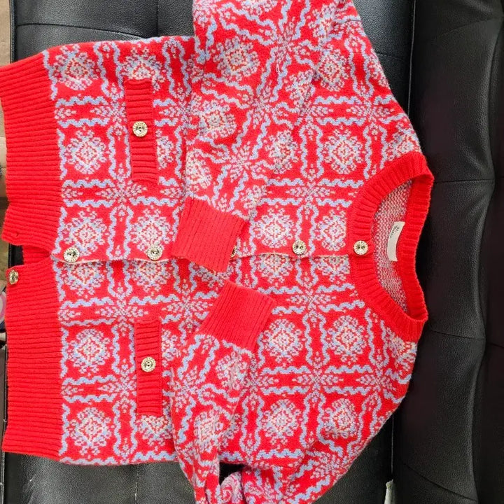 [BUNJANG] Knit Cardigan - Red Pattern - Women&