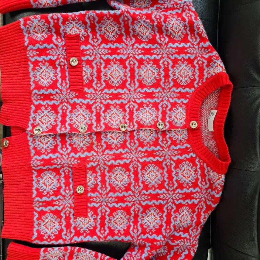 [BUNJANG] Knit Cardigan - Red Pattern - Women&