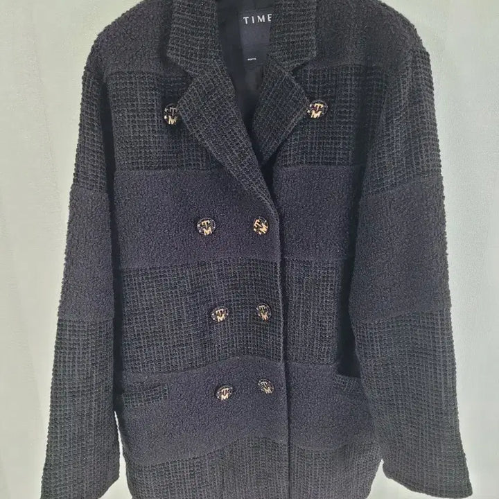 [BUNJANG] Time Black Tweed Double Button Jacket / 타임 블랙 트위드 로고 단추 자켓