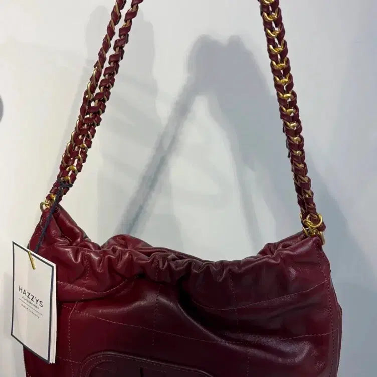[BUNJANG] Hazzys Quilted Chain Hobo Shoulder Bag (Dark Red) / 새상품) 헤지스 퀼팅 체인 호보 숄더백 소가죽 레드