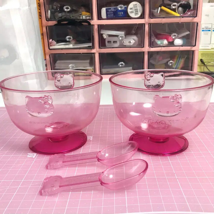 [BUNJANG] Kitty Ice Cream Sundae Cup and Spoon Set / 키티 아이스크림 빙수컵 스푼 세트