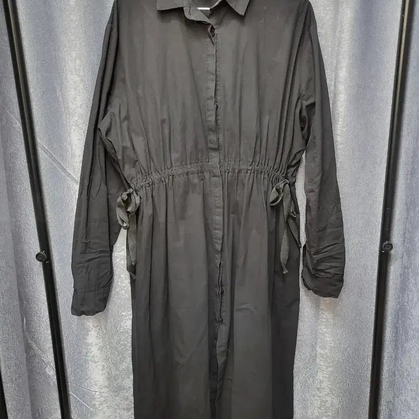 [BUNJANG] Black String Waist Long Shirtdress / 허리 스트링 블랙 셔츠 롱 원피스