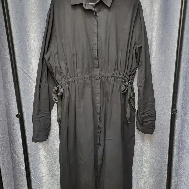 [BUNJANG] Black String Waist Long Shirtdress / 허리 스트링 블랙 셔츠 롱 원피스