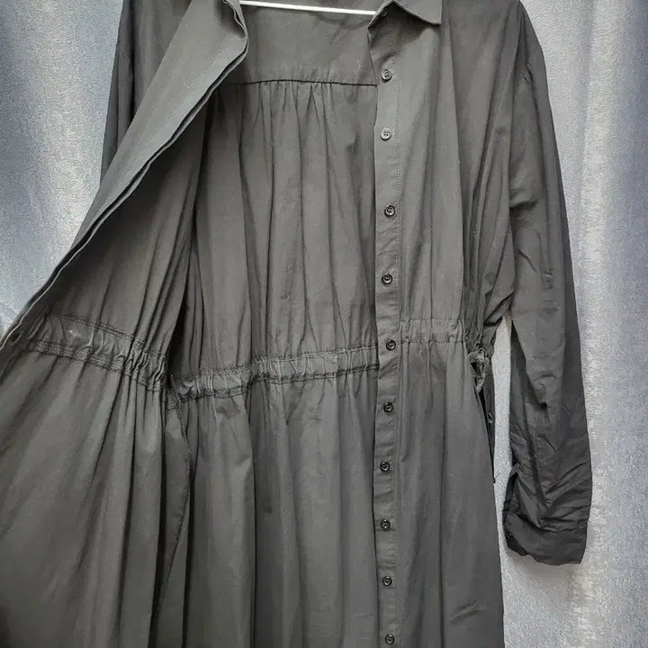 [BUNJANG] Black String Waist Long Shirtdress / 허리 스트링 블랙 셔츠 롱 원피스