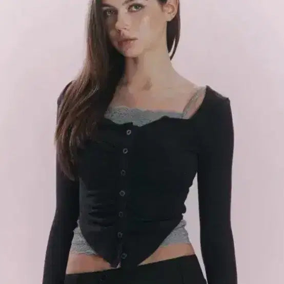 [BUNJANG] Please No Follow Kaya Button Long Sleeve Top Melange Charcoal / 플리즈노팔로우 플노팔 카야 버튼 롱 슬리브 탑 멜란지 차콜