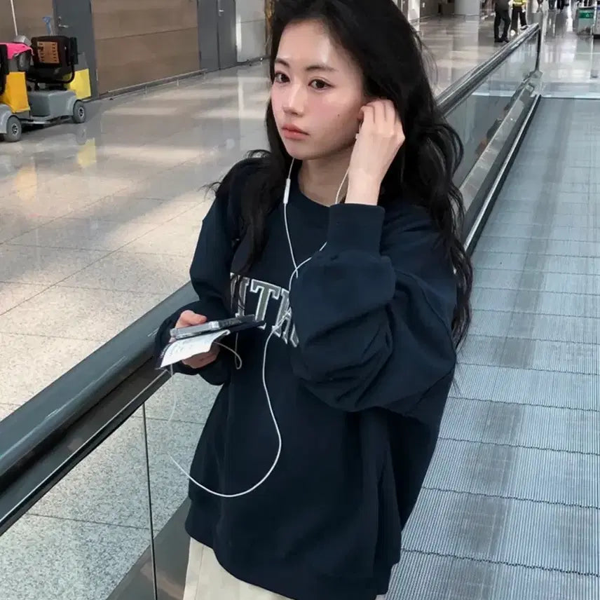 [BUNJANG] Without Summer Oversized Sweatshirt Navy / 오늘만 이가격 새상품 위드아웃썸머 스웻셔츠 맨투맨 네이비 free
