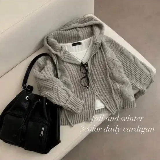 [BUNJANG] Ably Cable Knit Hooded Cardigan - Gray / 에이블리 꽈배기 니트 후드 가디건 회색