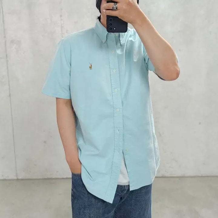 [BUNJANG] Polo Ralph Lauren Classic Fit Sky Blue Multi-Color Pony Embroidered Short Sleeve Shirt L / 폴로 랄프로렌 셔츠 M0365