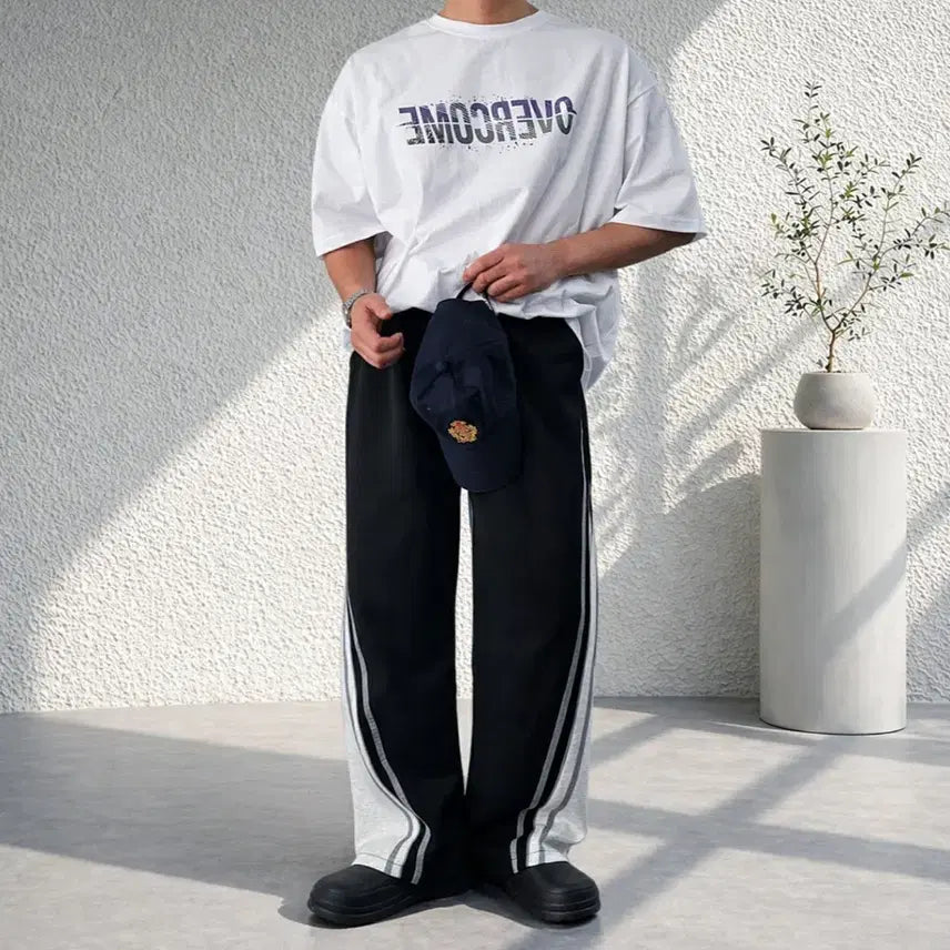 [BUNJANG] Iro Liberty Color Block Sweatband Wide Pants / 남자 배색 스웨트 밴딩 와이드 팬츠 2컬러