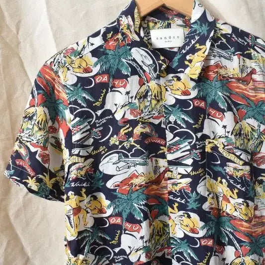 [BUNJANG] Sandro Paris Hawaiian Short-Sleeve Shirt Navy Lyocell / 산드로 하와이안 셔츠 S M0373