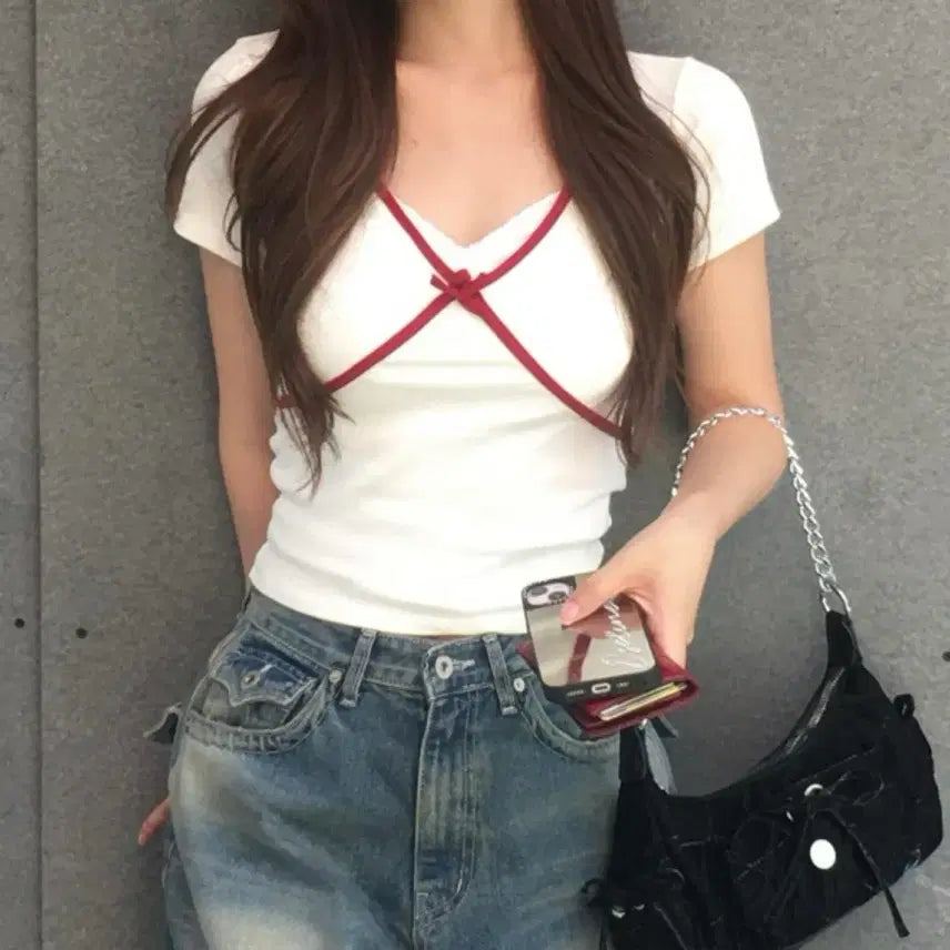 [BUNJANG] Cherry Ribbon Short-Sleeve T-shirt / 체리 리본 반팔 티셔츠 화이트