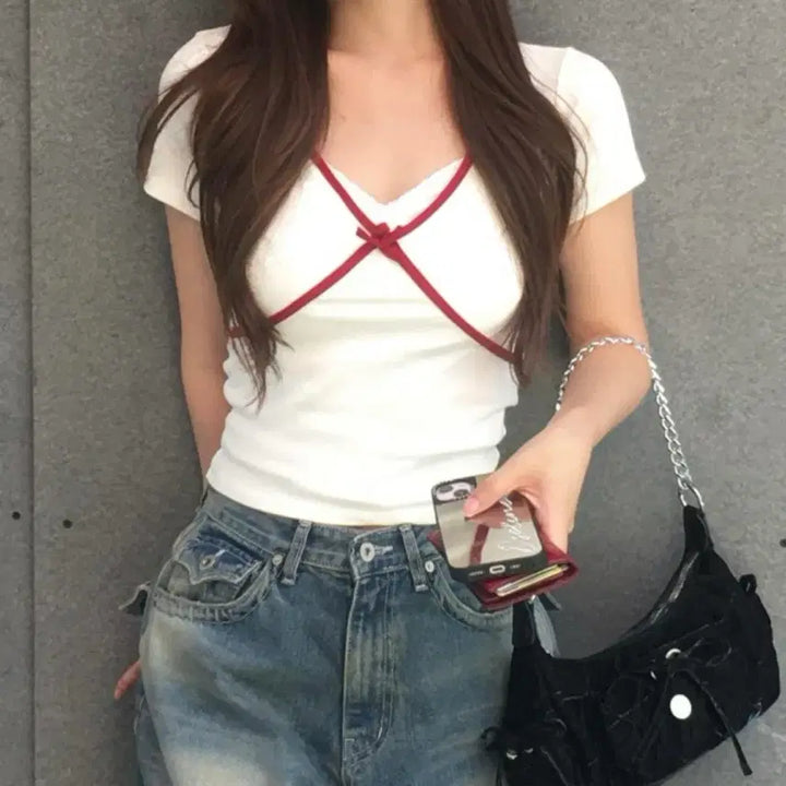 [BUNJANG] Cherry Ribbon Short-Sleeve T-shirt / 체리 리본 반팔 티셔츠 화이트
