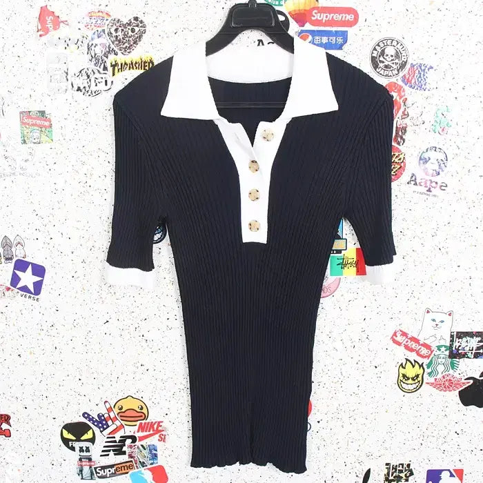 [BUNJANG] Viki Ribbed Stretch Short-Sleeve Knit Top / 여성55/ viki 골지 스판 반팔니트