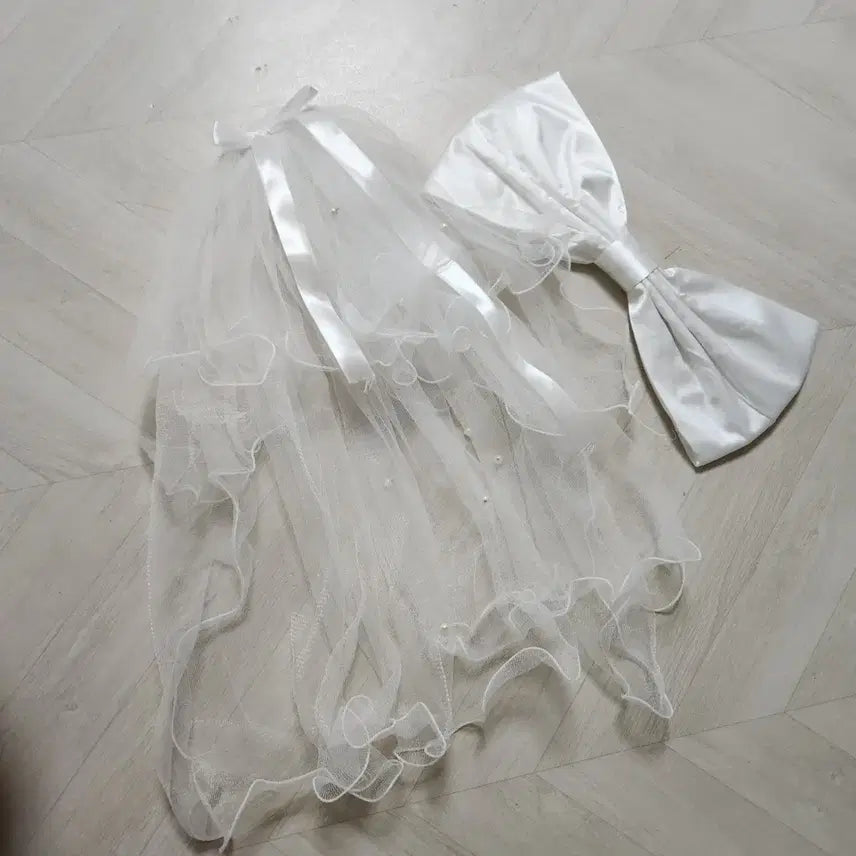 [BUNJANG] White Pearl Wedding Veil and Ribbon Set / 화이트 진주 웨딩 베일, 드레스 리본 웨딩촬영 셀프웨딩 웨딩스냅 소품