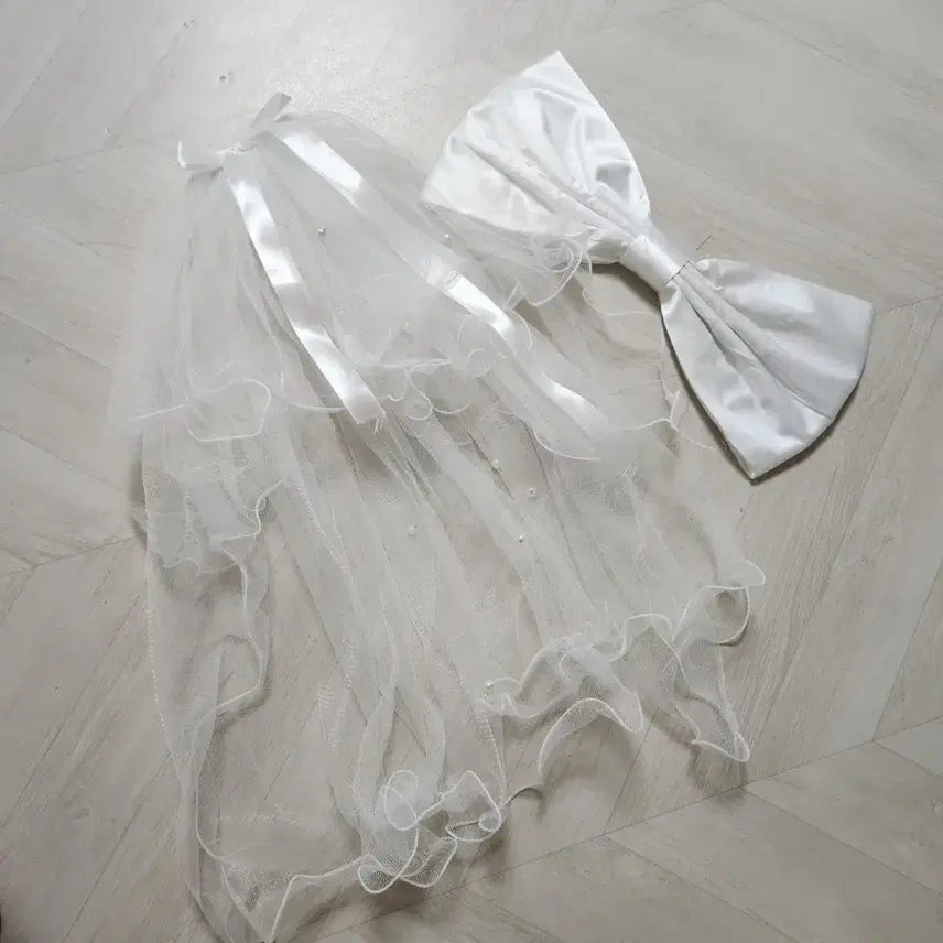 [BUNJANG] White Pearl Wedding Veil and Ribbon Set / 화이트 진주 웨딩 베일, 드레스 리본 웨딩촬영 셀프웨딩 웨딩스냅 소품