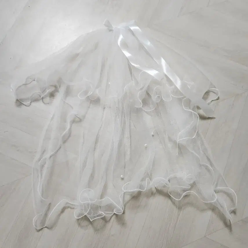 [BUNJANG] White Pearl Wedding Veil and Ribbon Set / 화이트 진주 웨딩 베일, 드레스 리본 웨딩촬영 셀프웨딩 웨딩스냅 소품