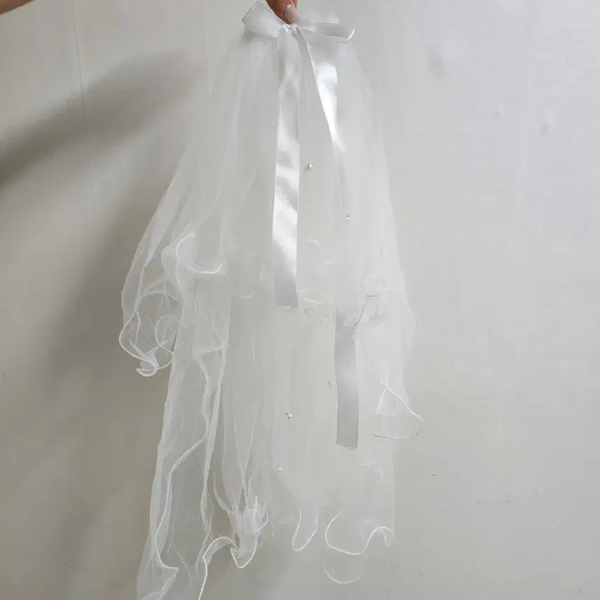 [BUNJANG] White Pearl Wedding Veil and Ribbon Set / 화이트 진주 웨딩 베일, 드레스 리본 웨딩촬영 셀프웨딩 웨딩스냅 소품