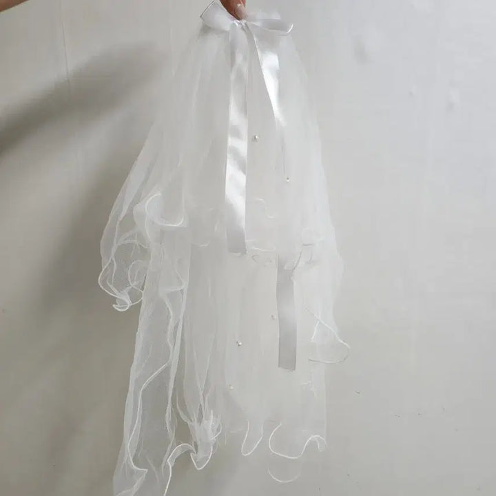 [BUNJANG] White Pearl Wedding Veil and Ribbon Set / 화이트 진주 웨딩 베일, 드레스 리본 웨딩촬영 셀프웨딩 웨딩스냅 소품