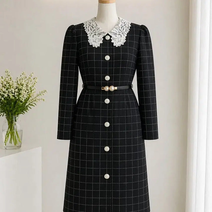 [SOLD OUT] 정품 모조에스핀(MOJO.S.PHINE)  레이스 카라 체크 원피스 하객