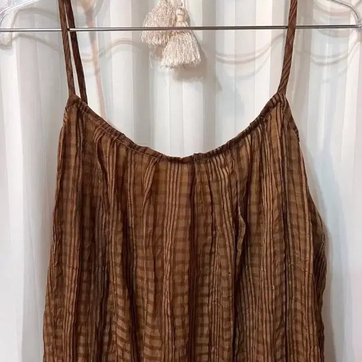 [BUNJANG] Brown Check Pattern Long Dress / 브라운 끈나시 체크 패턴 롱 원피스 55-66 거의새것