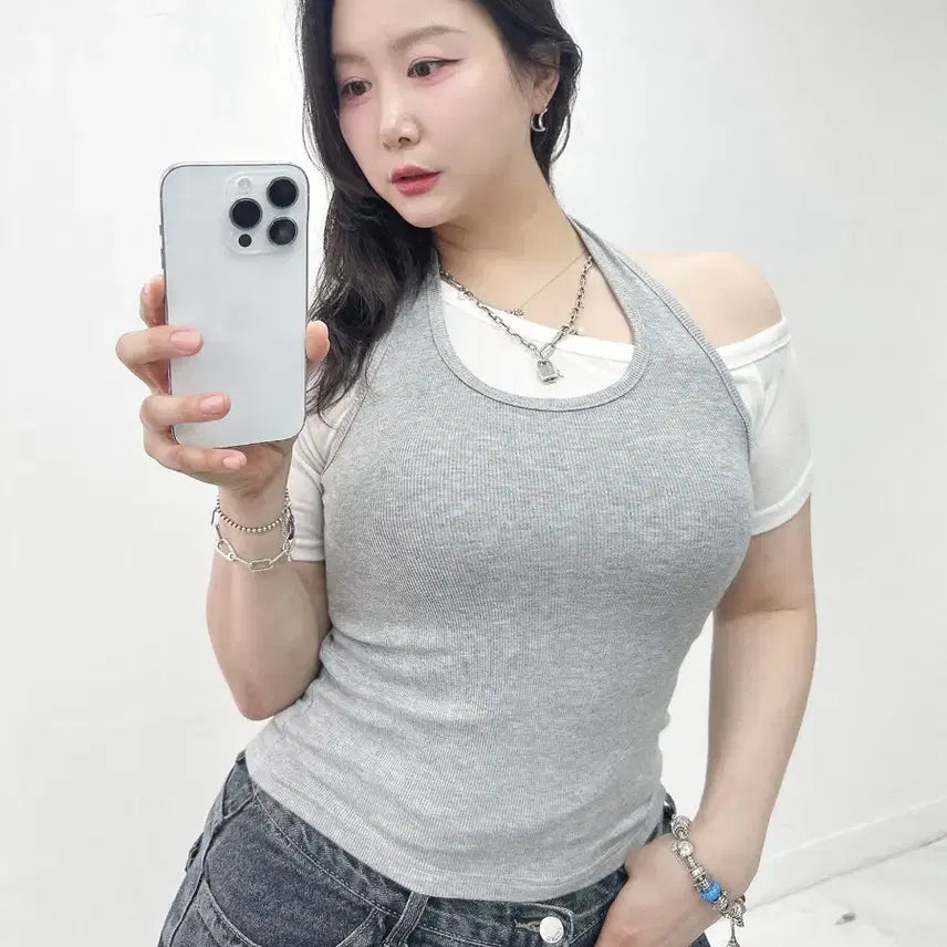 [BUNJANG] Halter Neck Ribbed Tank Top (3 Colors, Sizes 55-77) / 새상품 홀터넥 나시 3컬러 개당가격 빅사이즈 가능 55-77