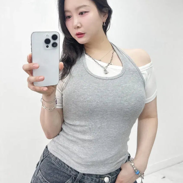 [BUNJANG] Halter Neck Ribbed Tank Top (3 Colors, Sizes 55-77) / 새상품 홀터넥 나시 3컬러 개당가격 빅사이즈 가능 55-77