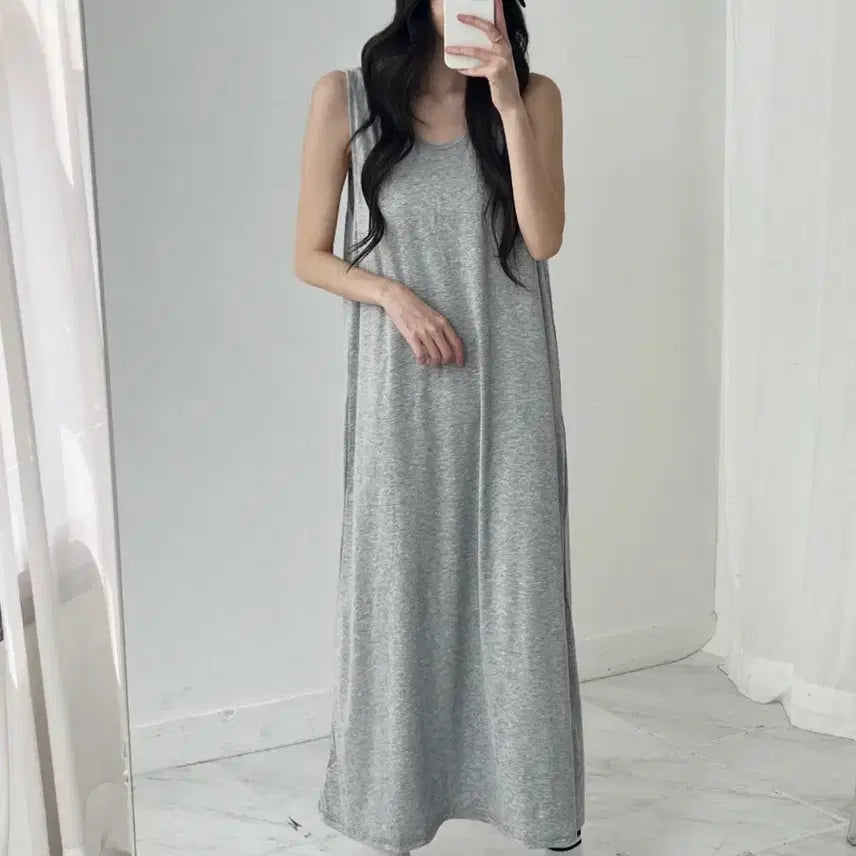 [BUNJANG] V-Neck Sleeveless Long Dress - Soft Fabric, Plus Size, Maternity Friendly (Size 55-77) / 새상품 브이넥 나시 롱 원피스 부드러움 빅사이즈 임부복 가능 55-77
