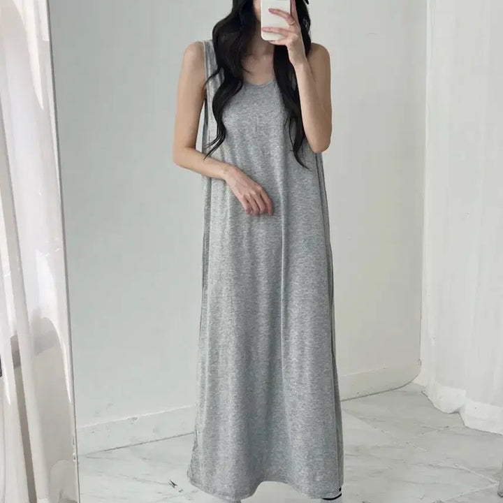 [BUNJANG] V-Neck Sleeveless Long Dress - Soft Fabric, Plus Size, Maternity Friendly (Size 55-77) / 새상품 브이넥 나시 롱 원피스 부드러움 빅사이즈 임부복 가능 55-77