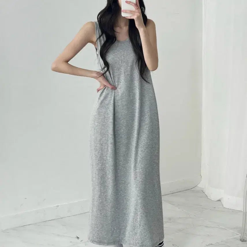 [BUNJANG] V-Neck Sleeveless Long Dress - Soft Fabric, Plus Size, Maternity Friendly (Size 55-77) / 새상품 브이넥 나시 롱 원피스 부드러움 빅사이즈 임부복 가능 55-77