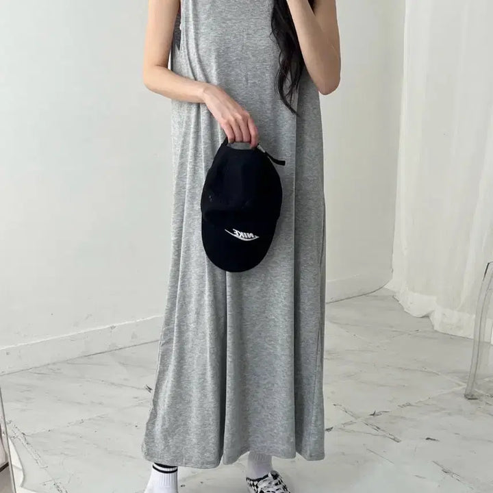[BUNJANG] V-Neck Sleeveless Long Dress - Soft Fabric, Plus Size, Maternity Friendly (Size 55-77) / 새상품 브이넥 나시 롱 원피스 부드러움 빅사이즈 임부복 가능 55-77