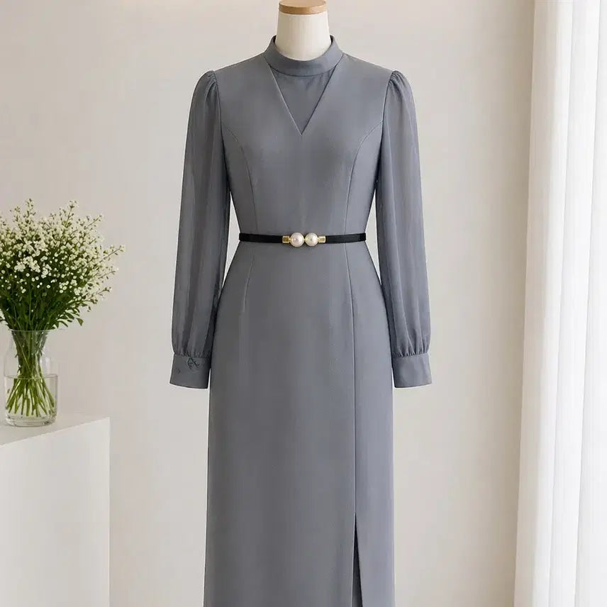 [BUNJANG] MOJO.S.PHINE V-Neck See-Through Sleeve Long Dress / 정품 모조에스핀(MOJO.S.PHINE)  브이넥 시스루 소매 롱원피스