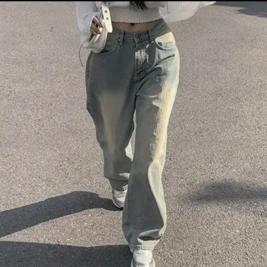 [BUNJANG] Modimood Yellow Washed Wide Leg Jeans / 모디무드 옐로우 워싱 롱 와이드팬츠 골반