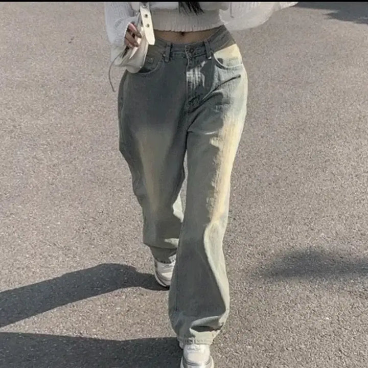 [BUNJANG] Modimood Yellow Washed Wide Leg Jeans / 모디무드 옐로우 워싱 롱 와이드팬츠 골반