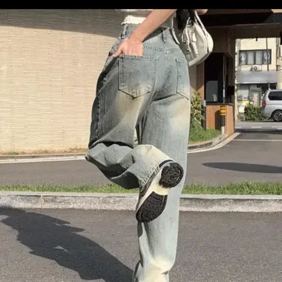 [BUNJANG] Modimood Yellow Washed Wide Leg Jeans / 모디무드 옐로우 워싱 롱 와이드팬츠 골반