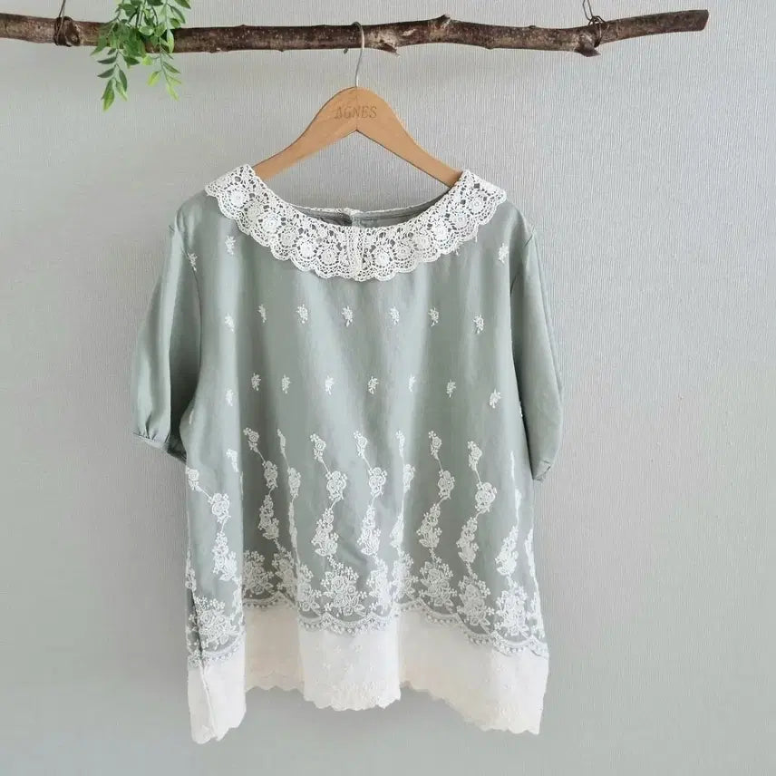 [BUNJANG] Mint Lace Collar Blouse with Punching Detail / 레이스 카라 블라우스 민트색 펀칭 반팔