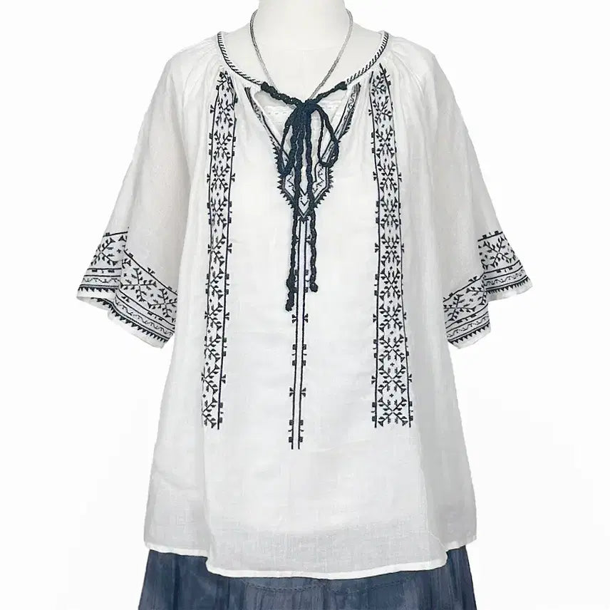 [BUNJANG] Vintage Embroidered Ribbon Linen Blend Blouse / 일본빈티지 미사용 자수리본린넨마혼방블라우스티셔츠모리걸하구미룩갸루y2k히피