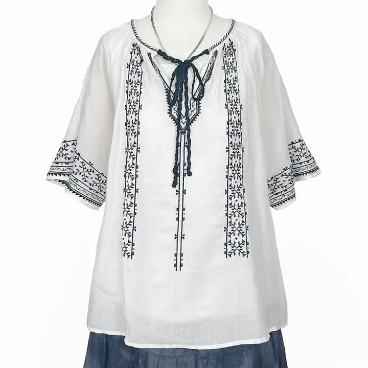[BUNJANG] Vintage Embroidered Ribbon Linen Blend Blouse / 일본빈티지 미사용 자수리본린넨마혼방블라우스티셔츠모리걸하구미룩갸루y2k히피