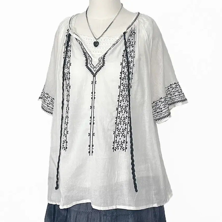 [BUNJANG] Vintage Embroidered Ribbon Linen Blend Blouse / 일본빈티지 미사용 자수리본린넨마혼방블라우스티셔츠모리걸하구미룩갸루y2k히피