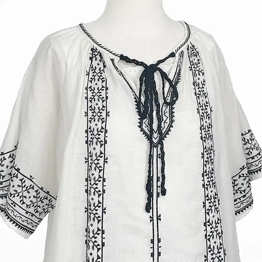 [BUNJANG] Vintage Embroidered Ribbon Linen Blend Blouse / 일본빈티지 미사용 자수리본린넨마혼방블라우스티셔츠모리걸하구미룩갸루y2k히피