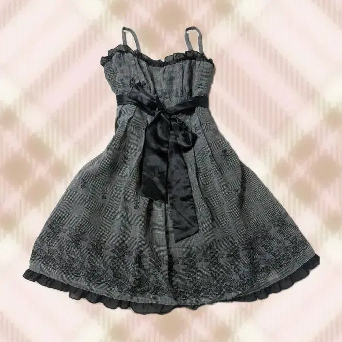 [BUNJANG] Black Charcoal Check Ribbon Dress / 블랙 차콜 그레이 체크 리본 원피스 오네 갸루 오리엔탈 고스 빈티지
