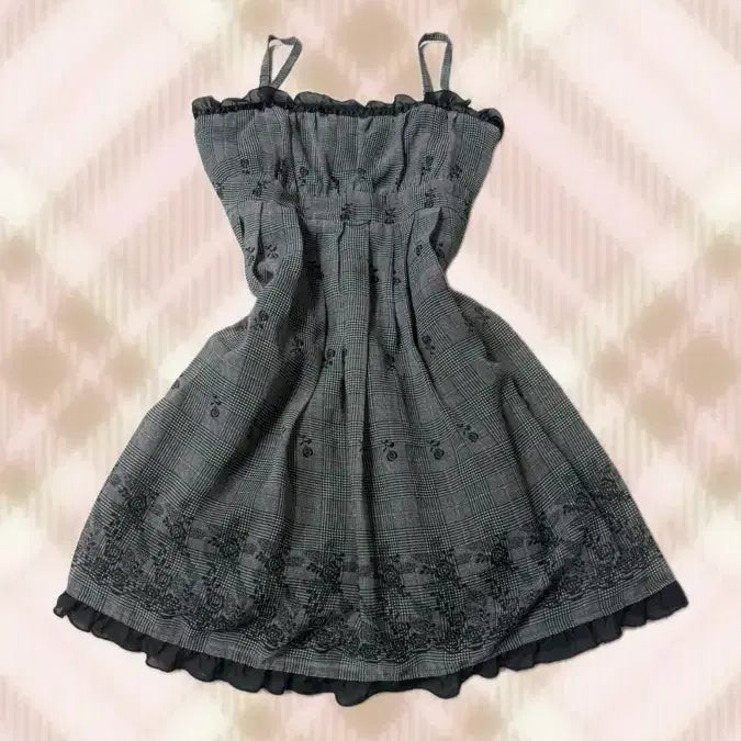 [BUNJANG] Black Charcoal Check Ribbon Dress / 블랙 차콜 그레이 체크 리본 원피스 오네 갸루 오리엔탈 고스 빈티지
