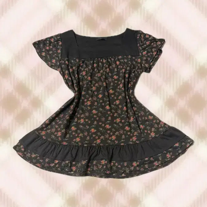 [BUNJANG] Brown Floral Short-Sleeve Knit Blouse / 브라운 플로럴 반팔 탑 니트 블라우스 라떼 히메 카지 갸루 러블리 로걀