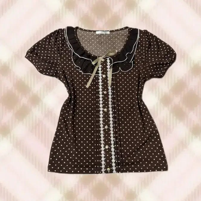 [BUNJANG] Brown Polka Dot Ribbon Royal Lolita Blouse / 브라운 도트 땡땡이 리본 로걀탑 블라우스 라떼 히메 갸루 러블리 로걀